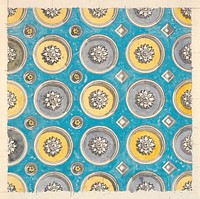 Draft for a ceiling with circular cassettes, alternating in yellow and violet on a blue background