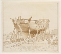 A Corvette on the stack.Nyholm with the half-timbered building in the background. by C.W. Eckersberg