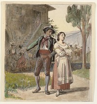 Young couple disagreeing in the background dancing in front of a house by Wilhelm Marstrand