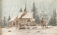 People at a stave church.In the background a hillside by Martinus Rørbye