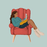 Girl using laptop on red couch illustration