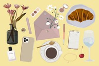 Romantic feminine objects collage elements set psd