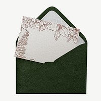 Vintage floral card mockup, green envelope psd