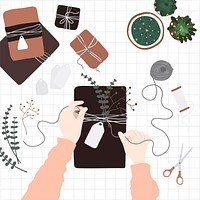 Small business owner wrapping gift, aesthetic illustration