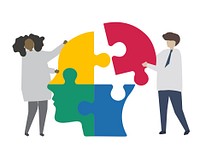Teamwork solving human mind jigsaw puzzle  illustration