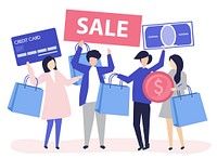 People holding shopping icons illustration