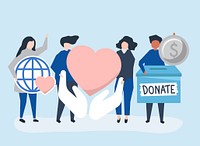 People carrying donation and charity icons  illustration