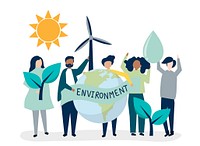 People with environmental sustainability icons illustration