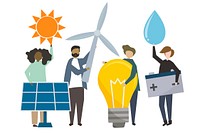 People holding sustainable energy icons illustration