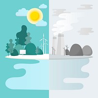 Green & polluted city, environment illustration