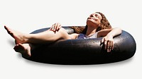 Woman relaxing on a floating ring, Summer holidays collage element psd
