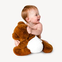 Baby hugging teddy bear isolated image