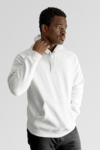 Men&#39;s white hoodie mockup sweater psd on black male model