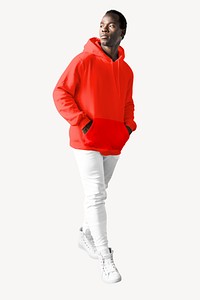 Red hoodie mockup, editable full body apparel & fashion psd