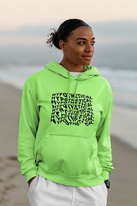 Cool hoodie mockup, customizable psd streetwear, African American woman by the Venice beach