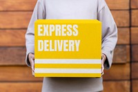 Box mockup, woman carrying delivery package psd