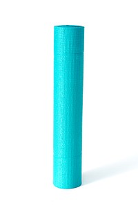 Rolled up teal yoga mat standing up.