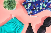 Swimsuits, summer apparel on pink background.