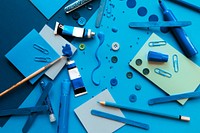 Blue arts and crafts supplies, flat lay.