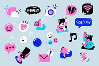 Cute social media illustration collage elements set psd