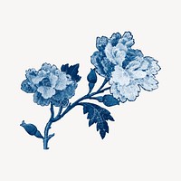 Vintage peony flower branch, blue, monochromatic psd
