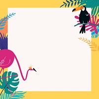 Colorful summer tropical bird frame, yellow design