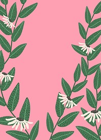 Pink botanical background, leaf branch border