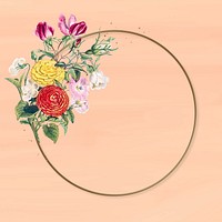 Floral round gold frame, aesthetic collage element