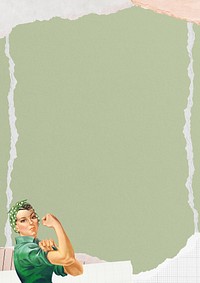 Pastel green paper background, woman flexing bicep border