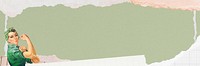 Pastel green paper background, woman flexing bicep border