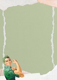 Pastel green paper background, woman flexing bicep border