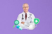 Male doctor healthcare insurance collage, purple design