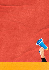 Red paper textured background, hand holding megaphone border