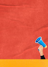 Red paper textured background, hand holding megaphone border