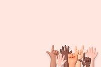 Raised diverse hands background, 3D border