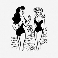 Girls chatting on the beach illustration. Free public domain CC0 image.