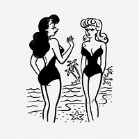 Girls chatting on the beach illustration psd. Free public domain CC0 image.