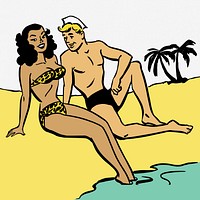 Man woman on a beach date illustration. Free public domain CC0 image.