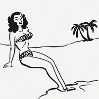 Woman on the beach illustration psd. Free public domain CC0 image.