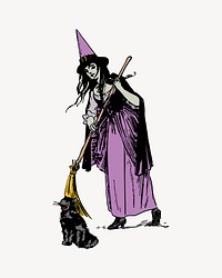 Witch and black cat clipart vector. Free public domain CC0 image.