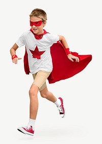 Boy playing superhero isolated graphic psd