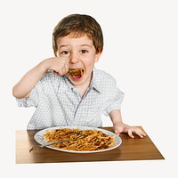 Boy eating spaghetti isolated image