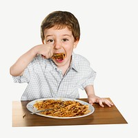 Boy eating spaghetti collage element psd