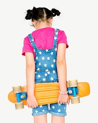 Girl holding skateboard design element psd