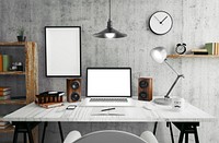Minimal home office, blank laptop screen & picture frame