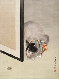 Cat Watching a Spider (1888–1892) illustration by Oide Tōkō. Original public domain image from The MET Museum. Digitally enhanced by rawpixel.