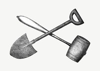 Shovel and hammer, vintage gardening tool illustration psd.  Remixed by rawpixel. 