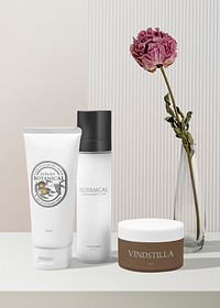 Skincare bottle mockup psd on bathroom shelf