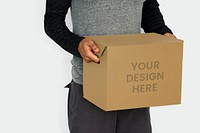 Man carrying a kraft box mockup