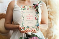 Wedding card mockup, bride holding invitation design psd, remix from the artworks of Pierre Joseph Redouté